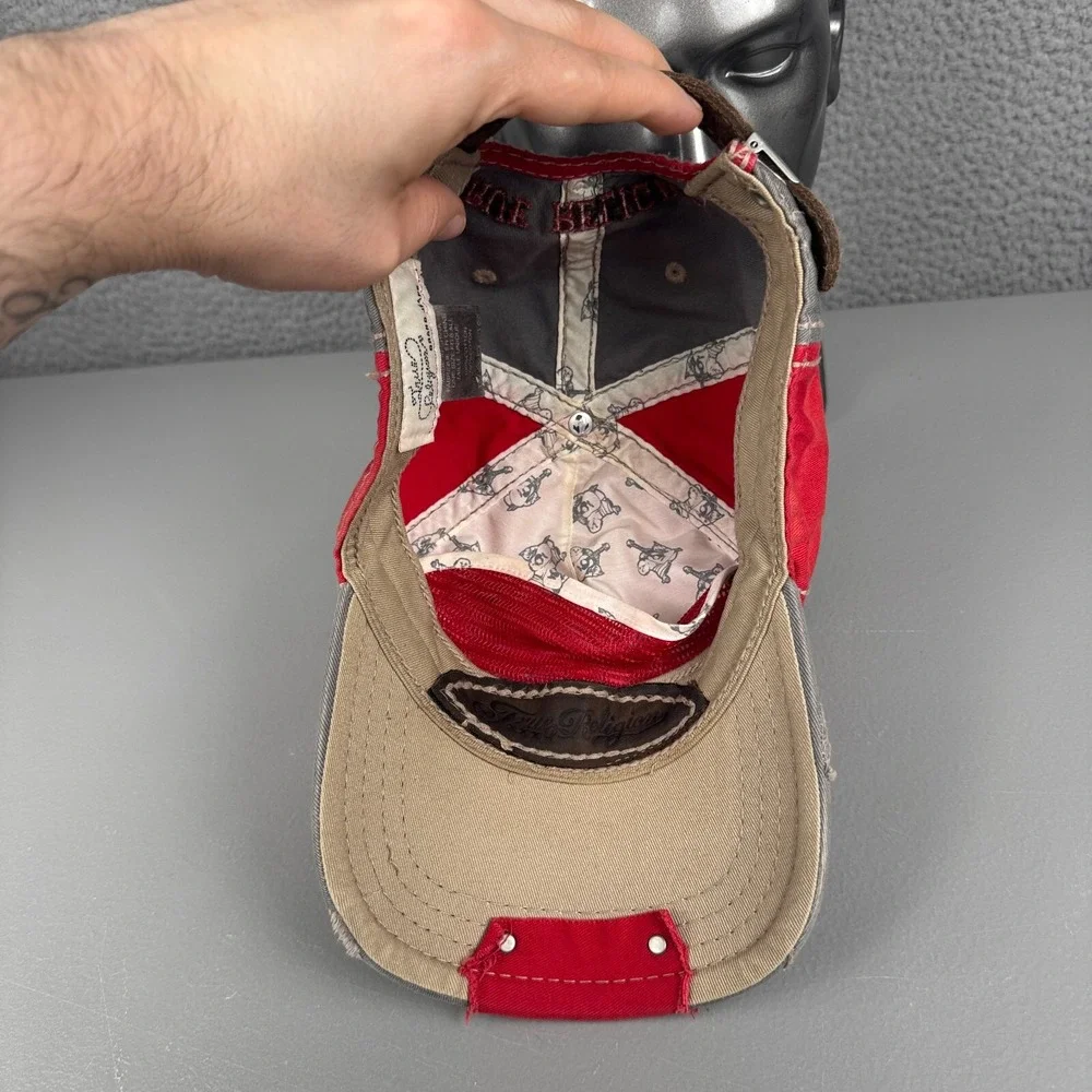 VTG True Religion Hat Mens Red Gray Distressed Y2K Buddha‎ Logo Baseball Cap